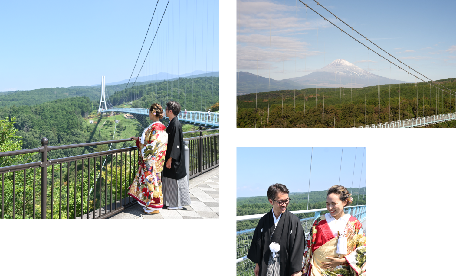 A couple in kimono enjoys Mount Fuji's view from the bridge / A view Mt. Fuji at Mishima Skywalk / A couple walk the suspension bridge at Mishima Skywalk