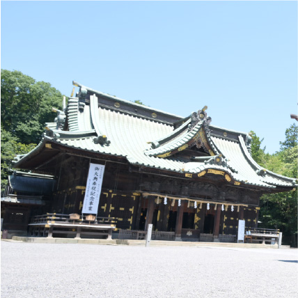 Historic buildings surround the couple at Mishima Grand Shrine