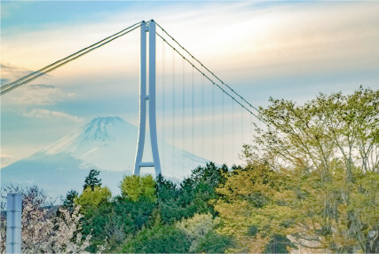 A scenic view of Mishima Skywalk with Mt. Fuji in the background