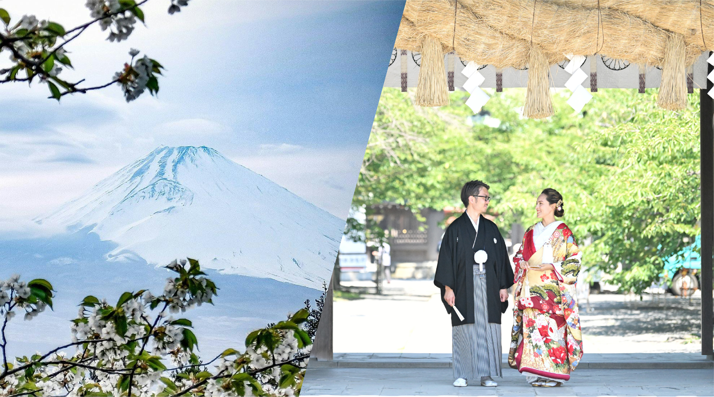 Mt. Fuji in the winter / A couple in traditional Japanese kimono walking through Mishima Grand Shrine